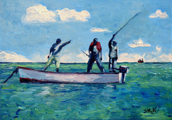 Œuvre contemporaine nommée « Pêcheurs en pirogue », Réalisée par STEFH2K