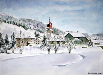 Œuvre contemporaine nommée « Village du Jura sous la neige », Réalisée par PHILIPPE ETIENNE