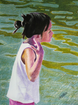 Œuvre contemporaine nommée « La petite fille songeuse au bord de l'eau N°1 1 », Réalisée par MARIE'S PASTELS PAINTINGS