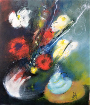 Œuvre contemporaine nommée « Bouquet aux coquelicots et papillons. », Réalisée par SELO