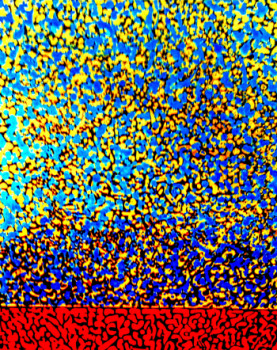 Œuvre contemporaine nommée « PEINTURE  SUR  BOIS  -  BLEU  - ROUGE  OR », Réalisée par ASGRAPHE2023