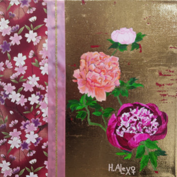 Œuvre contemporaine nommée « Kimono et rêve de pivoines », Réalisée par H. ALEX