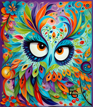 Œuvre contemporaine nommée « Owl with a flower wreath, Wise Eye, Colorful Plumage, Intertwined Visions », Réalisée par ELEGANTCHIKOVA