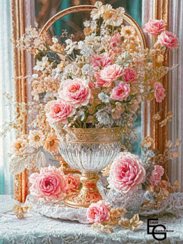 Œuvre contemporaine nommée « Timeless Beauty- A Luxurious Floral Still Life. Blooming Elegance- A Symphony of Roses and Crystal. », Réalisée par ELEGANTCHIKOVA