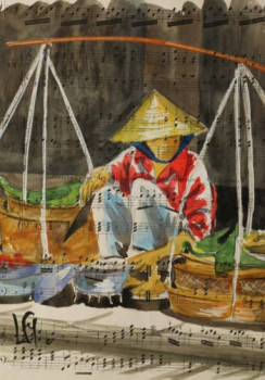 Œuvre contemporaine nommée « marchande du marche au Vietnam », Réalisée par CRAYONVOYAGEUR