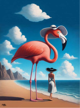 Œuvre contemporaine nommée « La rencontre onirique du Flamant rose et de la dame au chapeau », Réalisée par KIKá GóMEZ ILIAN