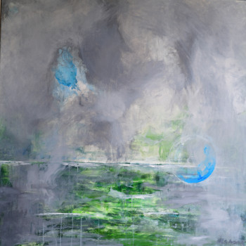 Œuvre contemporaine nommée « Green Landscape in Grey Mist I », Réalisée par HELENE LUISE SCHENK