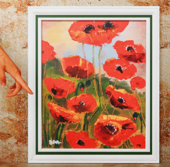 Œuvre contemporaine nommée « Tableau peinture à l'huile de coquelicots avec cadre au choix, peinture au couteau originale encadrée,  couleurs rouge et vert. », Réalisée par PATRICK BAUQUEL