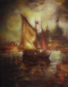 Œuvre contemporaine nommée « Un bateau rentrant au Port de Venise, de Nuit », Réalisée par LA CIGOGNE