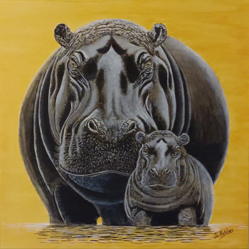 Œuvre contemporaine nommée « Hippopotames sur toile 100 % coton 340 g/m2. Peinture Originale acrylique. », Réalisée par JEAN-CLAUDE ROBLES