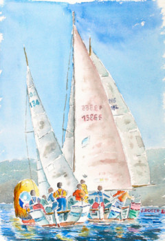 Œuvre contemporaine nommée « régates dans la baie de Marseille en préparation de l'América Cup », Réalisée par ROGER J.